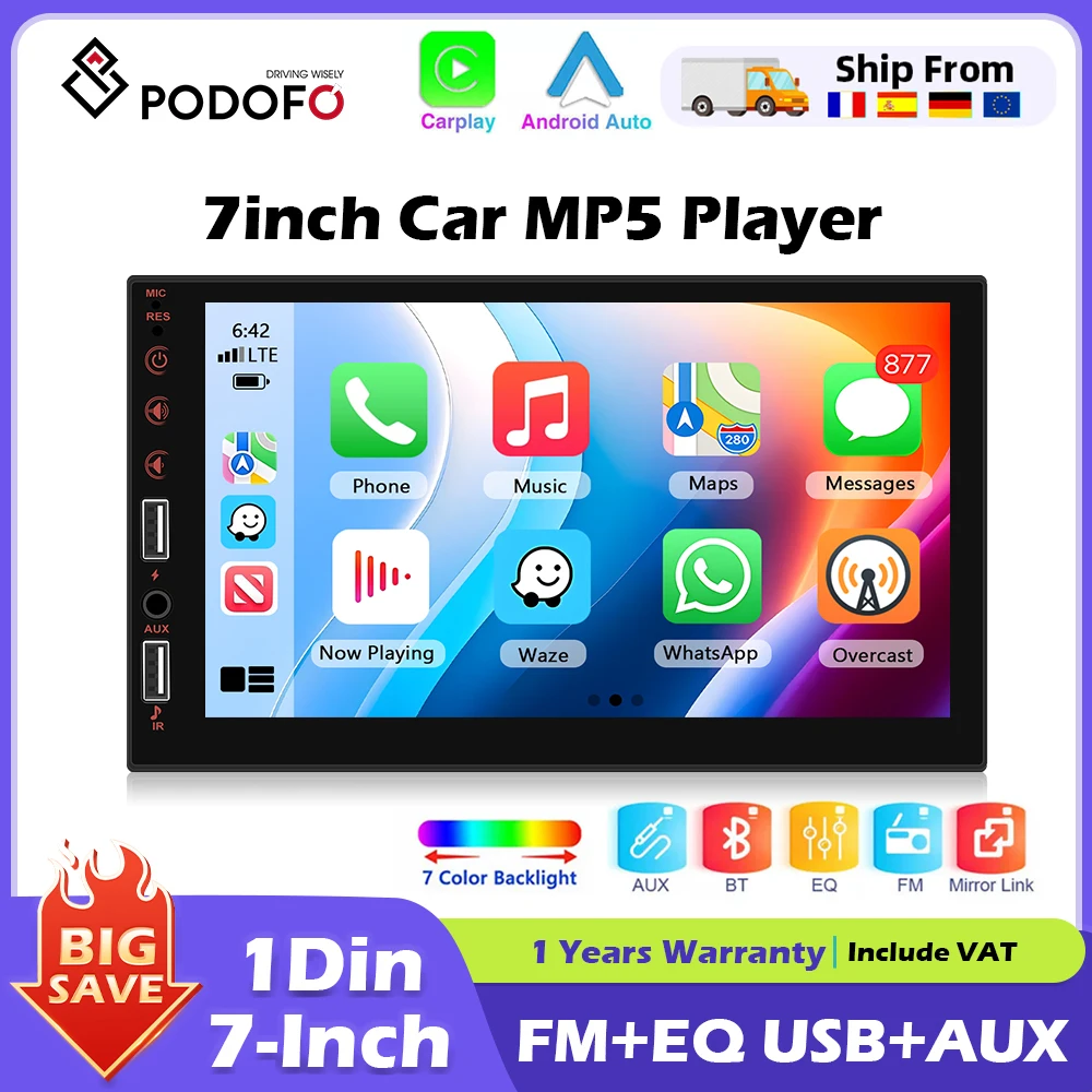 Podofo 1din Carplay Android auto Radio de coche reproductor MP5 Autoradio Audio estéreo receptor FM Bluetooth Audio de coche soporte Mirror-Link