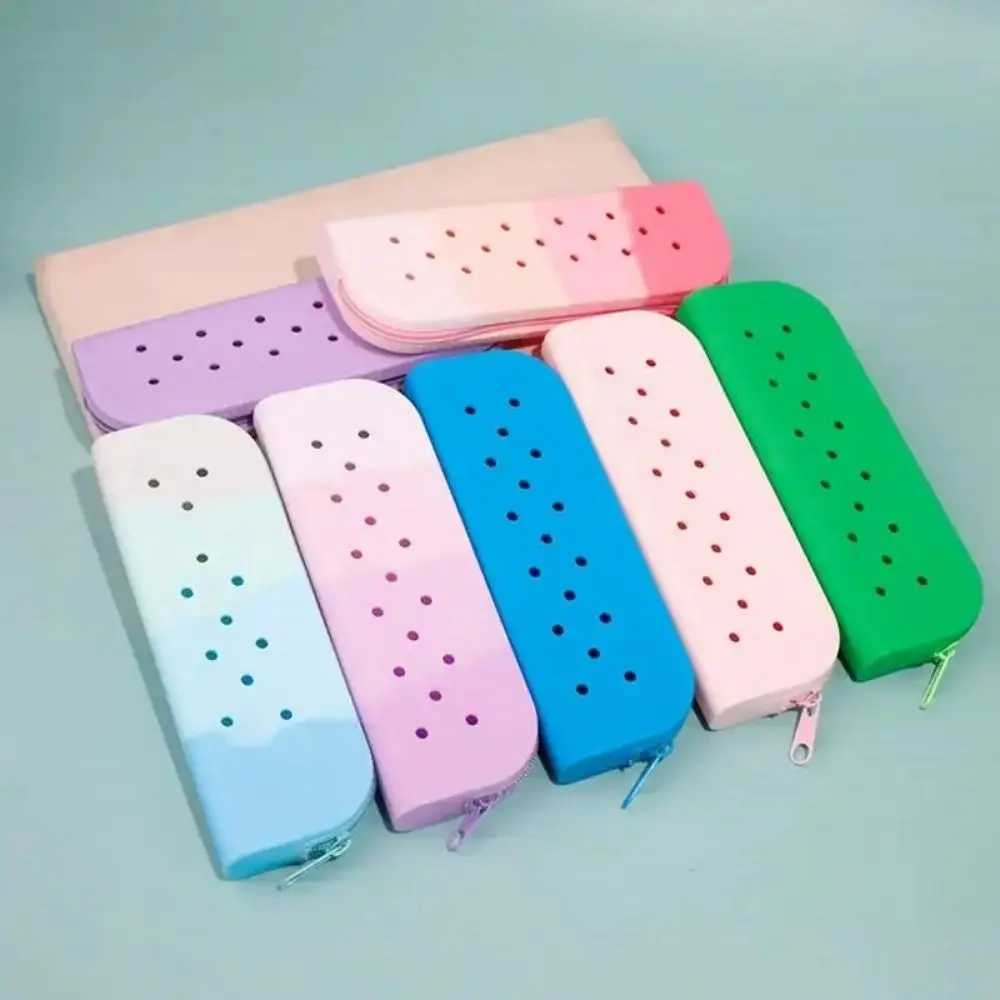 Colorful Holes Silicone Pencil Case Zipper Large Capacity Stationery Storage Bag Portable Soft Makeup Organizer Student
