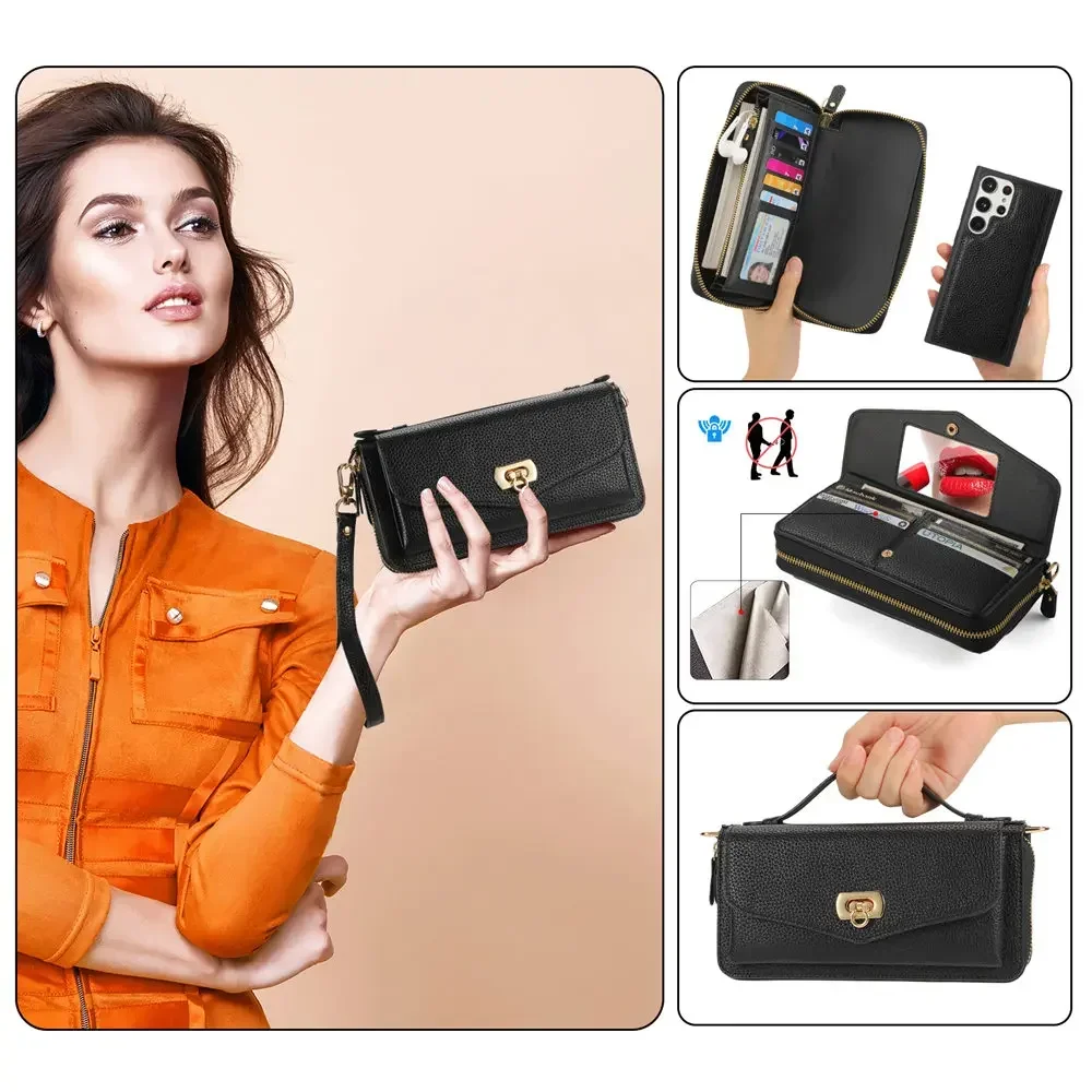 Multifunction Crossbody Handbag Case For Samsung Galaxy S24 S23 S22 Note 20 Wallet Cover For iPhone 16 15 14 13 12 11 Pro Max