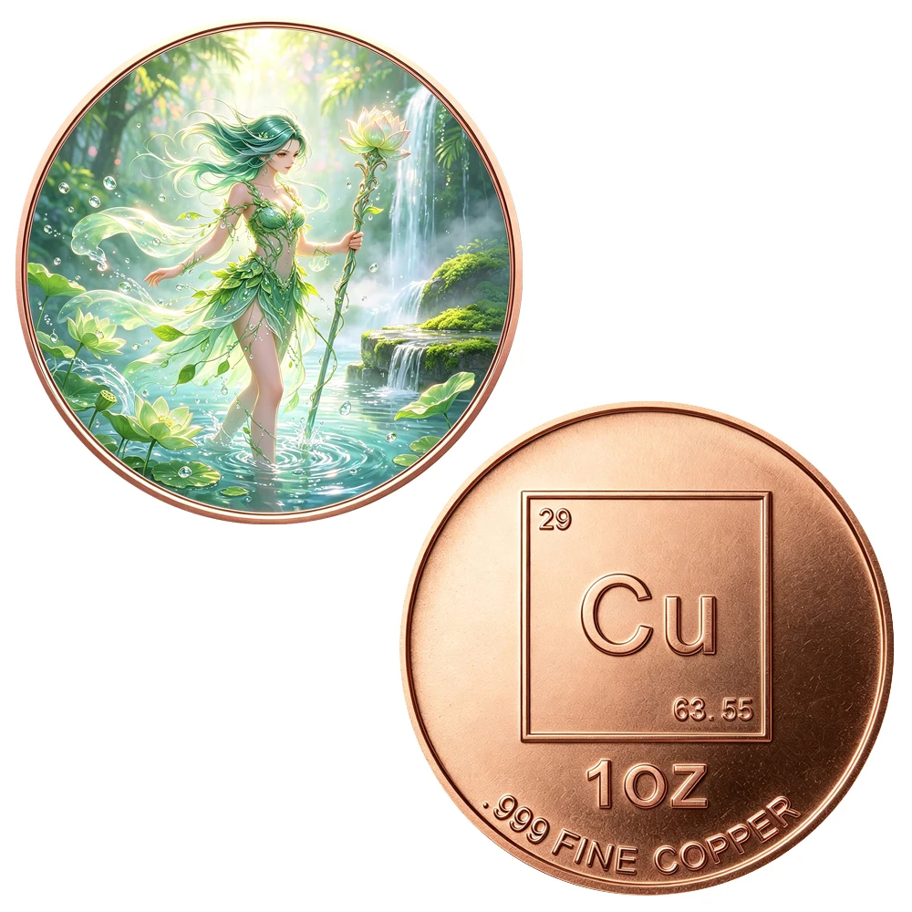 1pc 1 Oz .999 Fine Copper Nature Goddess Elf Challenge Coin Fantasy Myth Water Nymph Commemorative Token Gifts for Art Lovers