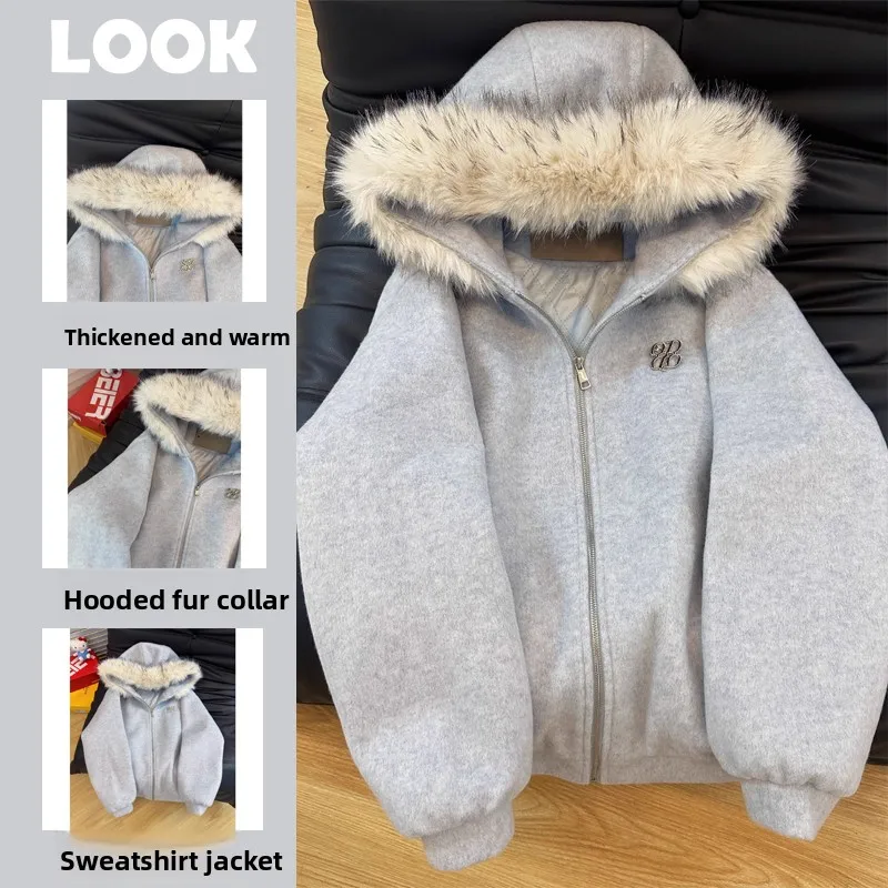 

Women's Winter Hooded Quilted Woolen Collar Sweatshirt Jacket Retro Style Loose Fit Long Sleeve Zipper Closure Casual Coat