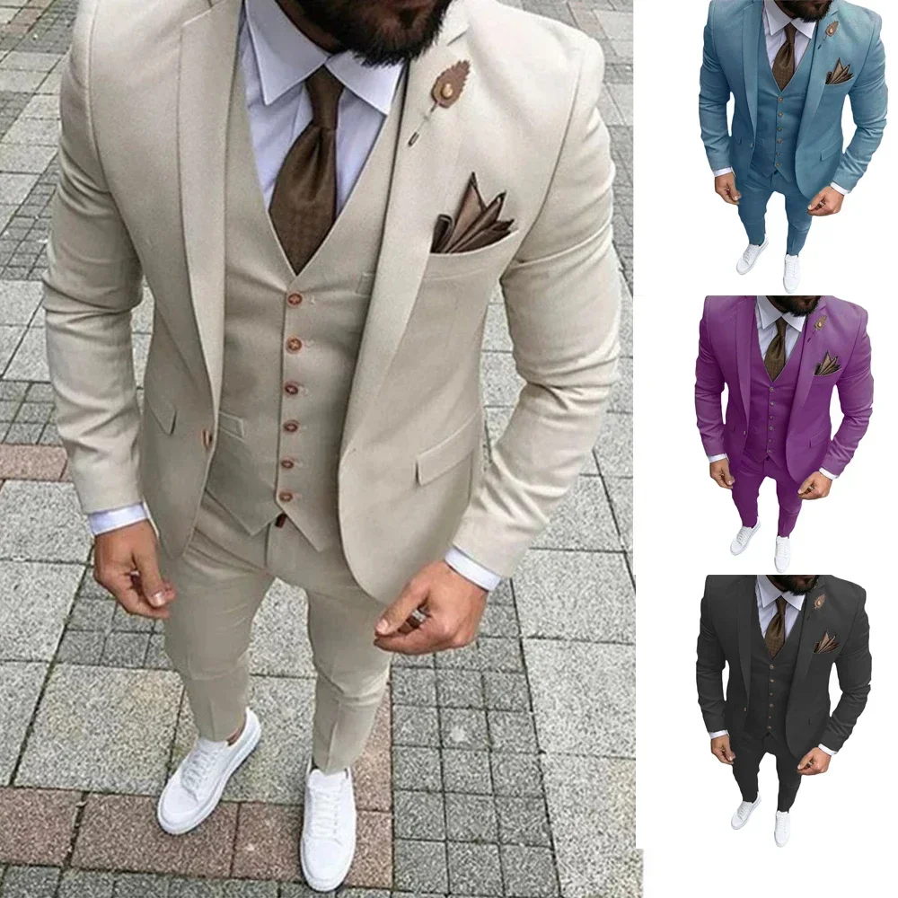 

2024 Fashion High Quality Beige Mens Suits Smart Cusual 3 Piece Custom Slim Fit Male Blazer Wedding Groom Tuxedos Costume Homme