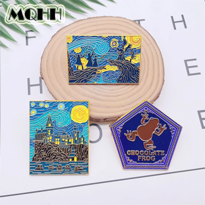 Creative Geometry Starry Sky Oil Painting Enamel Pins Animal Frog Moon Castle Prince Alloy Brooch Badge Punk Jewelry Gift