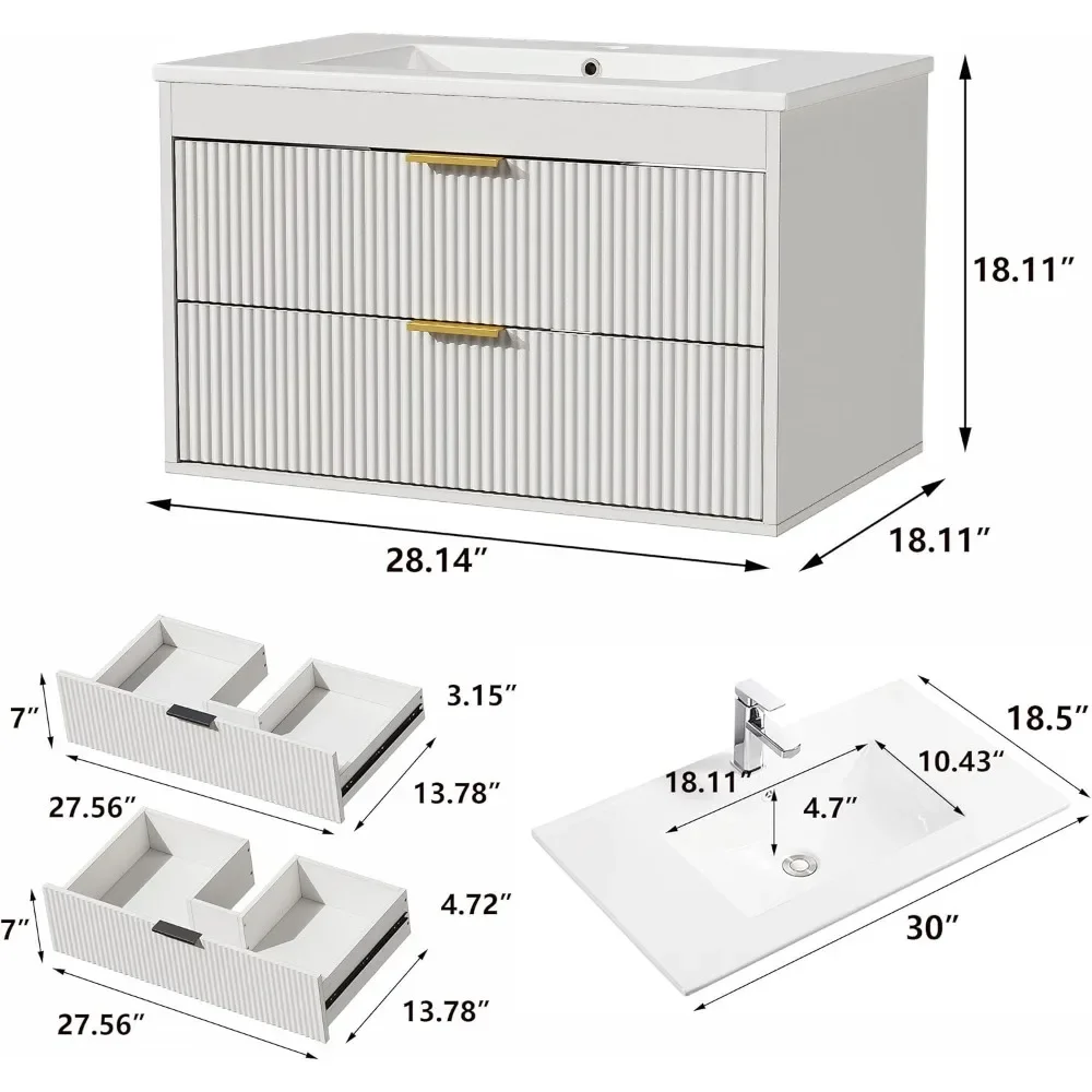 Meja Rias Kamar Mandi Mengambang 30 ''dengan Wastafel, Meja Rias Mengambang Kamar Mandi Terpasang Di Dinding dengan Wastafel Keramik, 2 Laci, Pintu Tutup Lembut