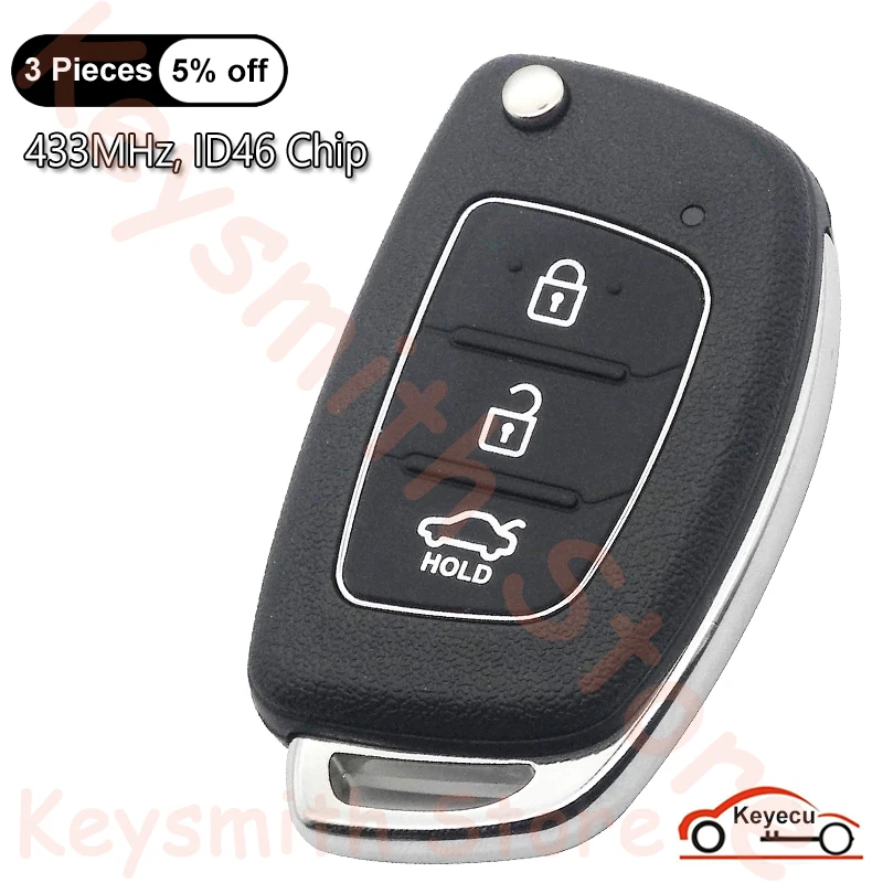 

KEYECU 3 Buttons 433MHz ID46 Chip for Hyundai IX35 2013 2014 2015 Auto Flip Remote Control Key Fob Replacement