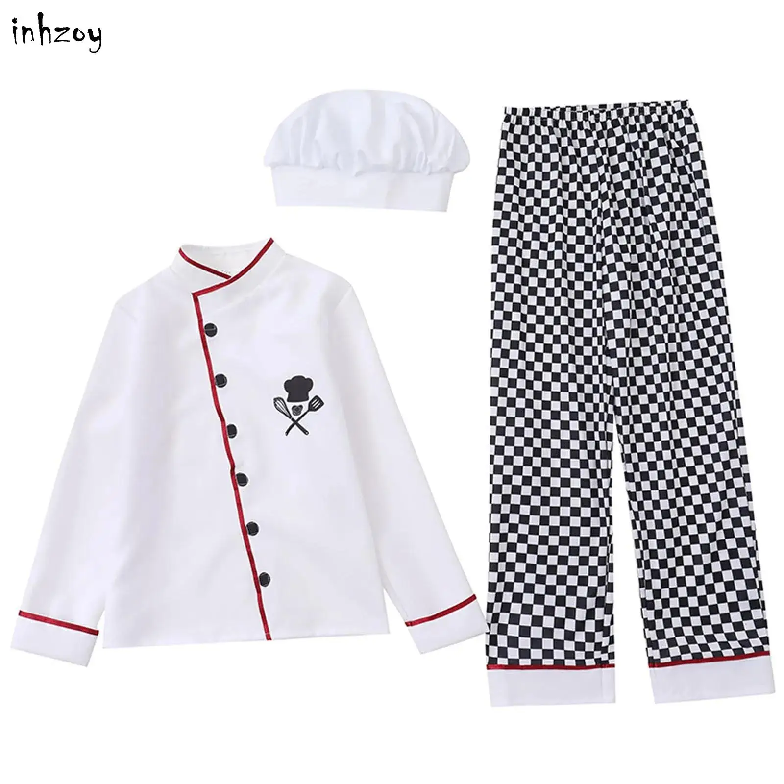 Unisex Girls Boys Chef Cooker Costume 3Pcs Long Sleeve Print Tops+Hook and Loop Fastener Plaid Pants+Hat Set for Halloween Party