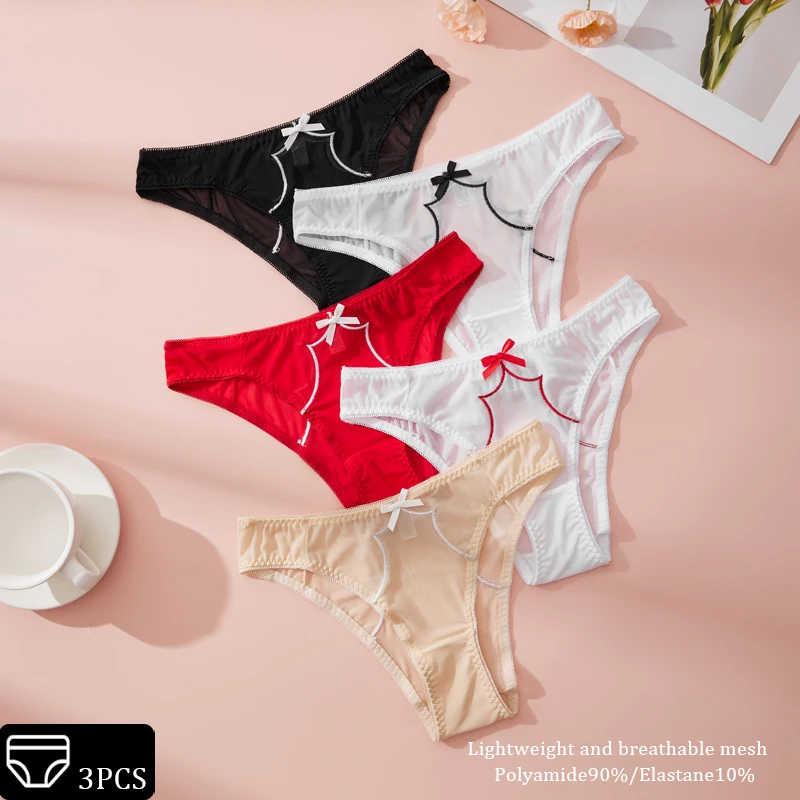 3er-Pack Frühlings-Damen-Slips: Leichte, atmungsaktive, bequeme Mesh-Slips mit Schleife und Farbblock-Design – sexy und rein