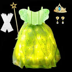 Light up Fairy Costume Girls Fancy Elf Green Ball Gown Toddler Butterfly Pixie Cosplay Fairy Princess Dress+Accessories