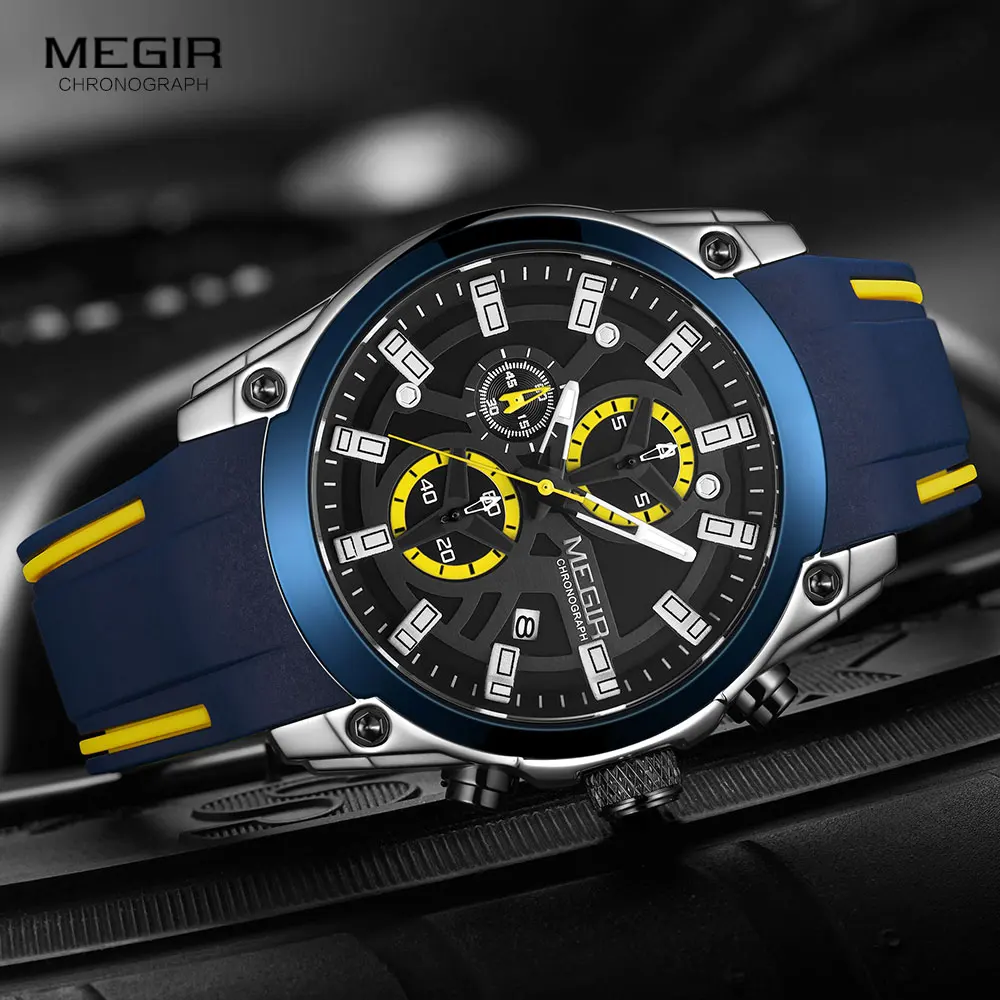 MEGIR-Pulsera de lujo para hombres, reloj deportivo masculino, de estilo militar, impermeable, con correa azul de silicona, luminoso, de marca superior, a la moda