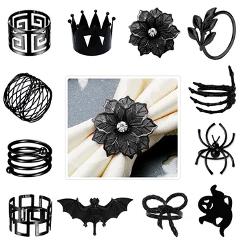 6 Stück Halloween-Serviettenringe, rund, Geister-Spinnenblatt, Serviettenhalter, schwarze Schleife, Serviettenschnalle für Hochzeiten, Dinner-Party, Tischdekoration