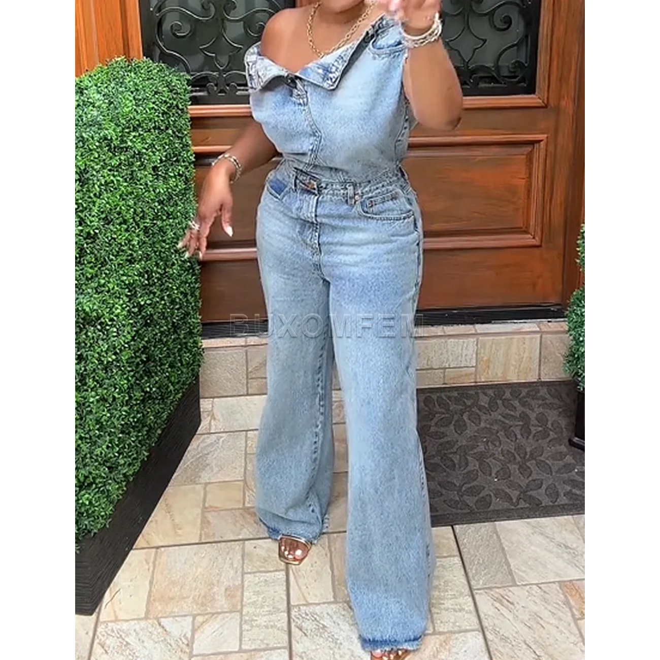 جمبسوت نسائي أنيق من قماش الدنيم بنطلون مرفوع للصدر سروال دينم أنيق مع لف الورك ملابس نسائية يومية 2025 ملابس الشارع #3