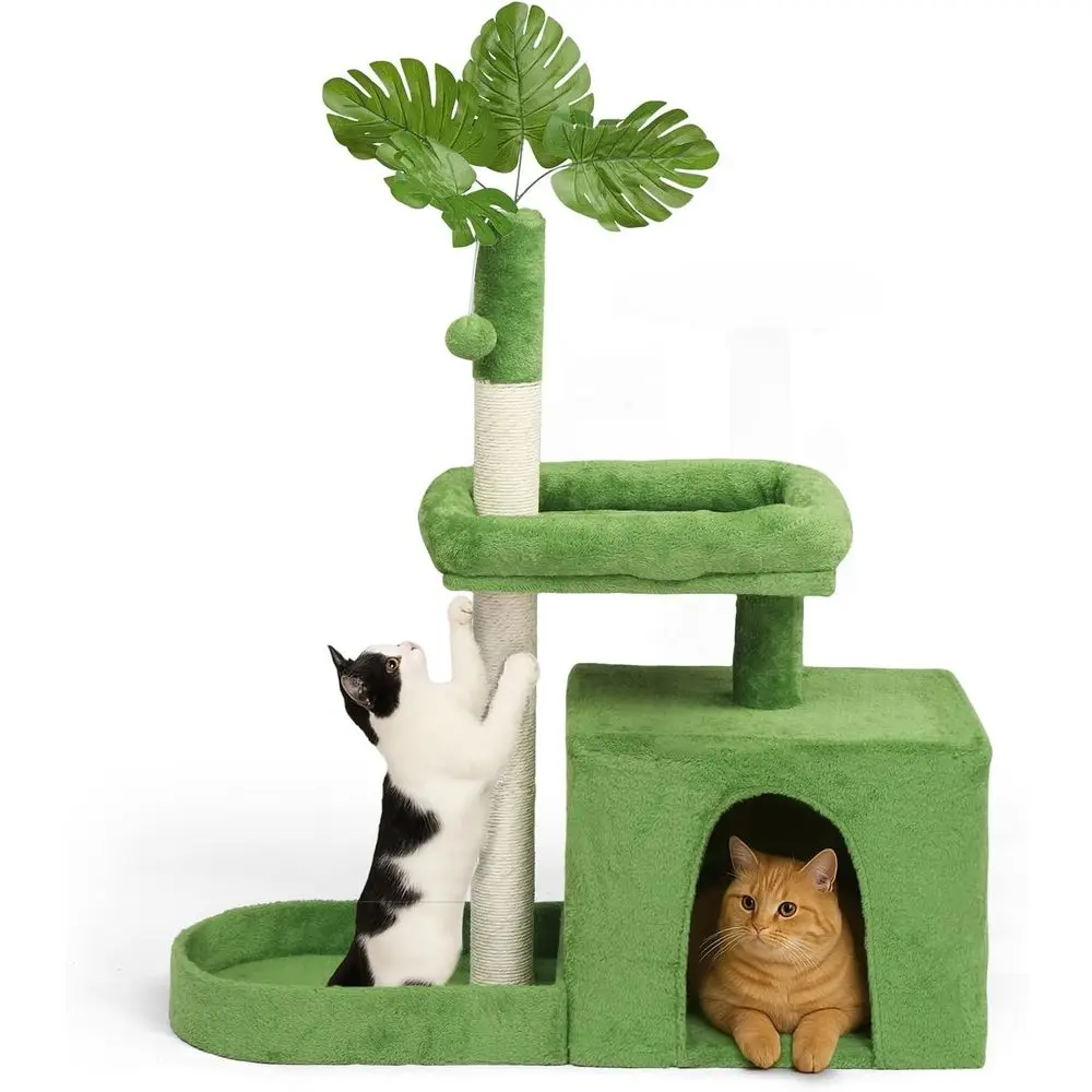 

40-дюймовая зеленая кошачья лежанка-башня с листьями, гамаком и сизалевыми когтеточками для домашних кошек