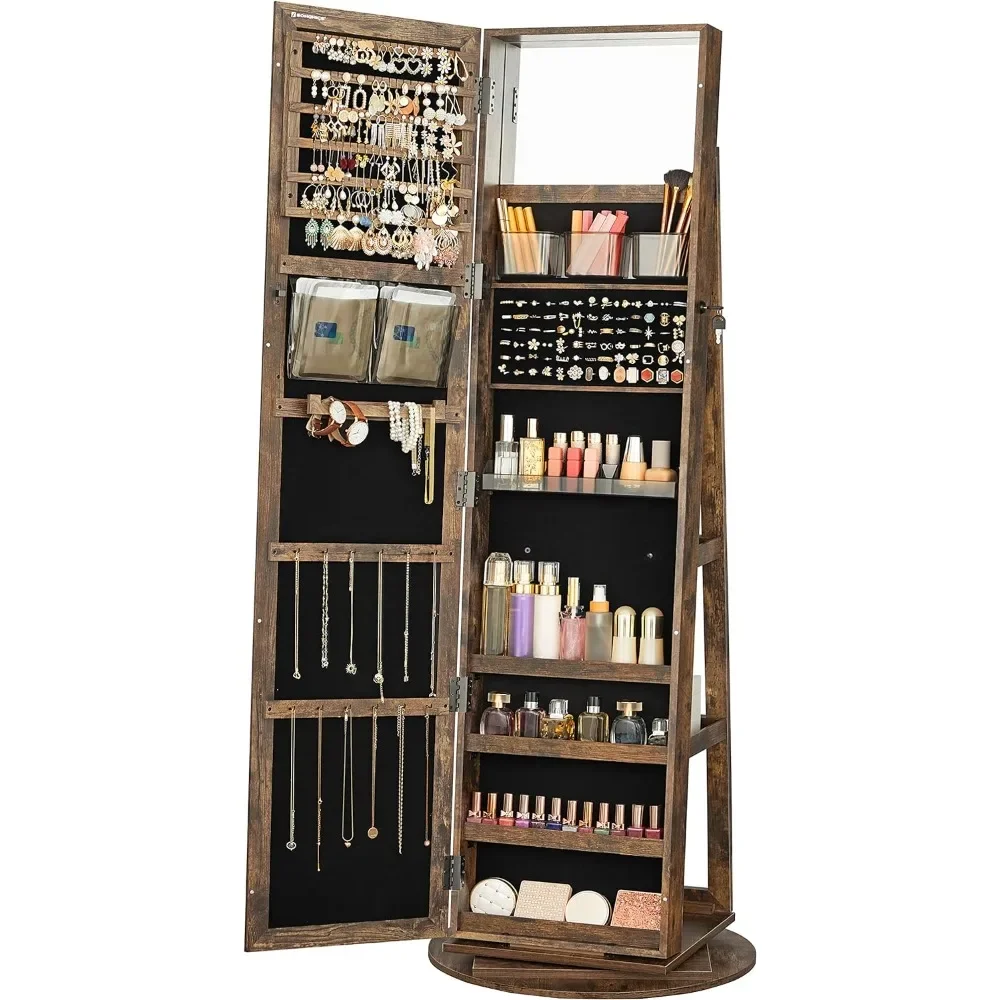 

360° Swivel Jewelry Cabinet, Lockable Jewelry Organizer with Full-Length Mirror, Rear Storage Shelves, Interior Mirror, Rustic