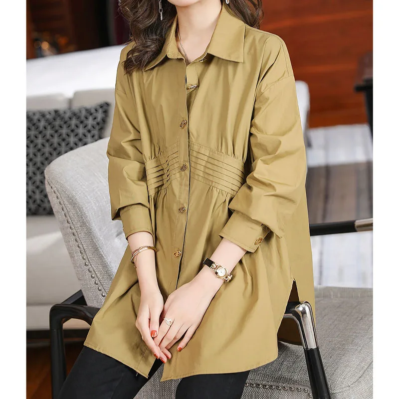 Korean Loose Female Solid Color Polo-Neck Shirt Spring Women\'s Clothing Casual Folds Spliced Vintage Button Long Sleeve Blouses