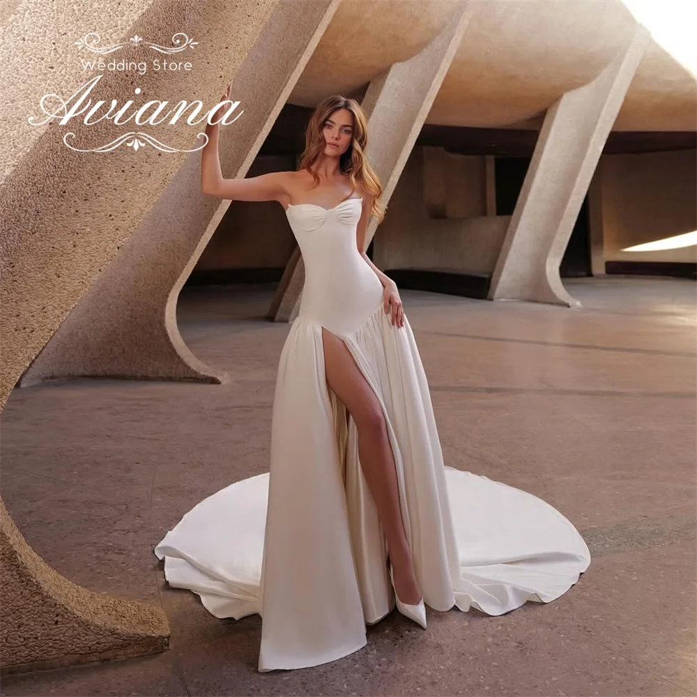 Aviana Customized Sweetheart  High Slit Long Train Fitted Satin Bridal Gown Modern Design Wedding Dress Elegant Strapless 2025