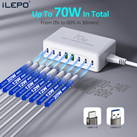 70W Desktop 8-port Charger USB Type C PD 20W Charger Fast Charge Quick Charger Mobile USB Charger 6C+2A for IPhone Xiaomi