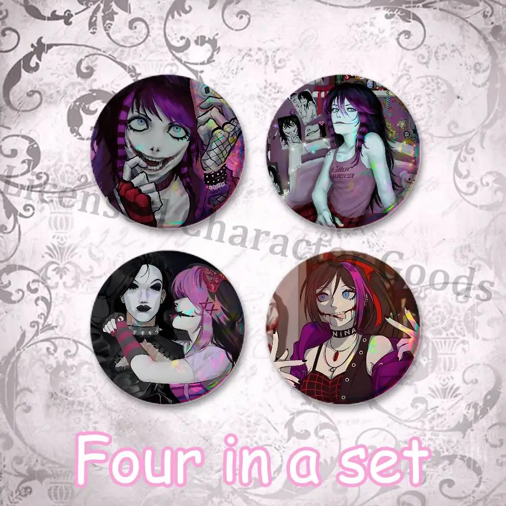 Nina C-Creepypasta 75mm Large Tin Badge 3 Inch Holographic Baji for Ita-Bag Centerpiece 4-Piece Set