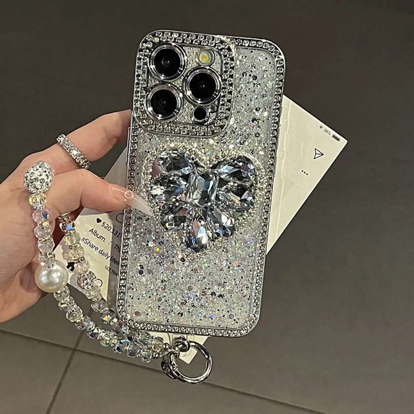 

Glitter Diamond Heart Bracket Phone Case For Iphone 16 15 14 13 Pro 12 11 Max Plus 16Pro Glitter Phone Case Bracelet 15Pro Cover