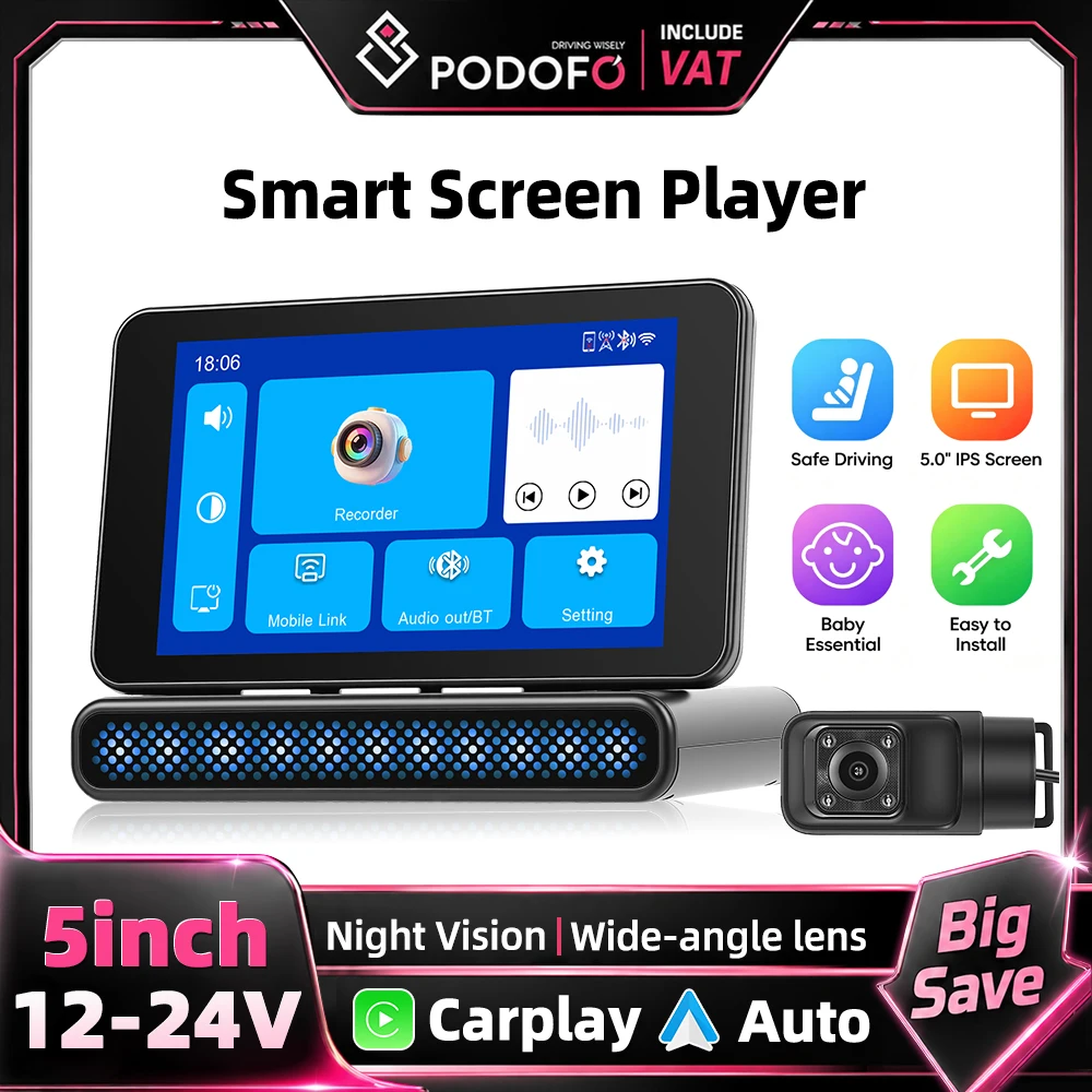 Podofo Moniteur de voiture portable 5 pouces Lecteur intelligent sans fil CarPlay Android Auto Radio stéréo 360 °   Objectif grand angle réglable, navigation en ligne avec caméra arrière, surveillance de bébé, musique Bluetooth avec caméra bébé HD, écran de voiture, carte SD