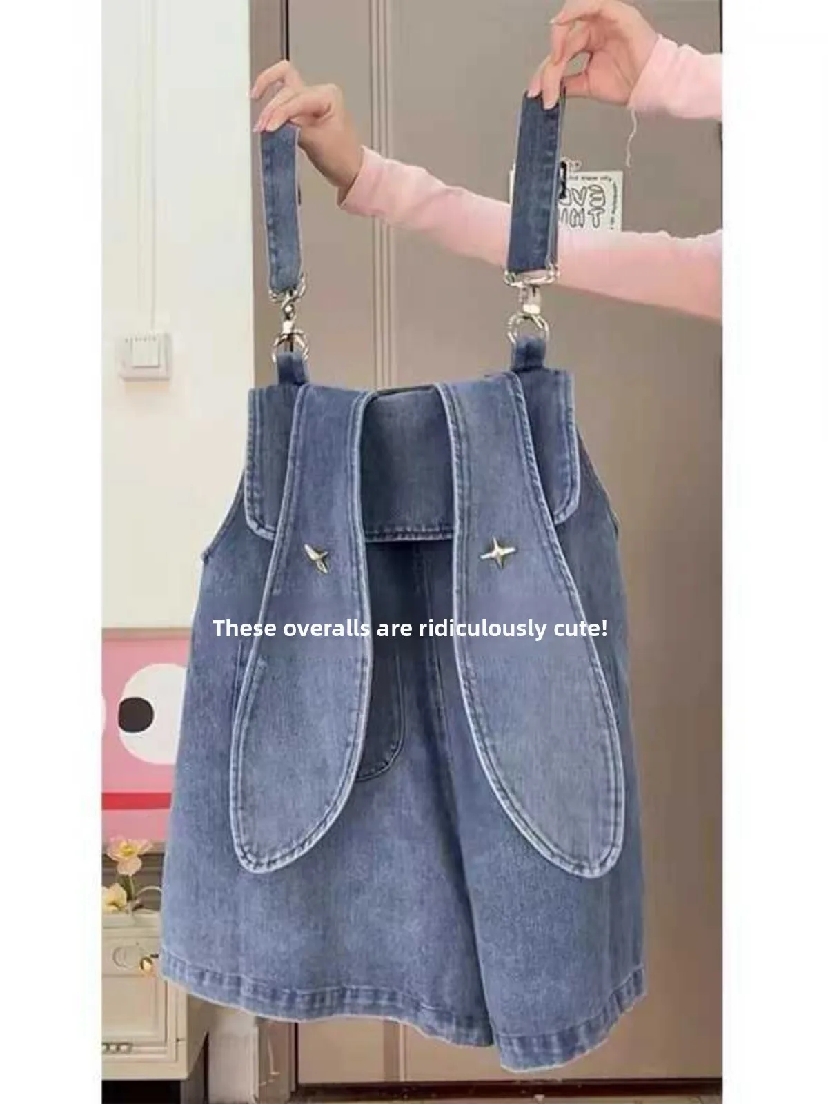

Cute Rabbit Ear Denim Overalls Women's Summer Small Size Dopane Loose Wide Leg A-Line orts High Waist Blue Jeans