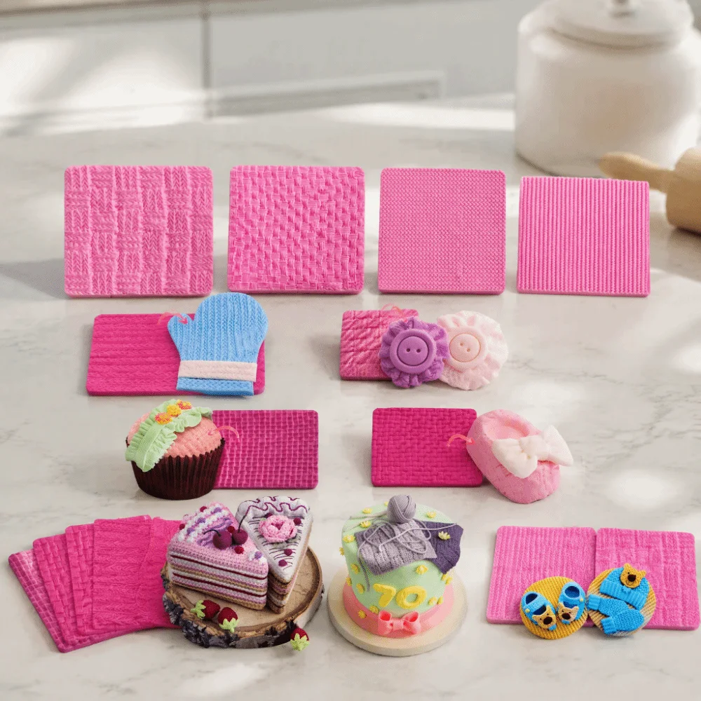 4PCS Reusable Silicone Fondant Mold Sweater Pattern Nonstick Cake Lace Mold Knitted Texture Fondant Impression Mat Cake