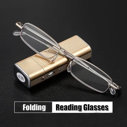 New Portable Folding Reading Glasses with Metal Box Fashionable Stretchable Eyeglasses Anti Blue Light Presbyopia Glasses