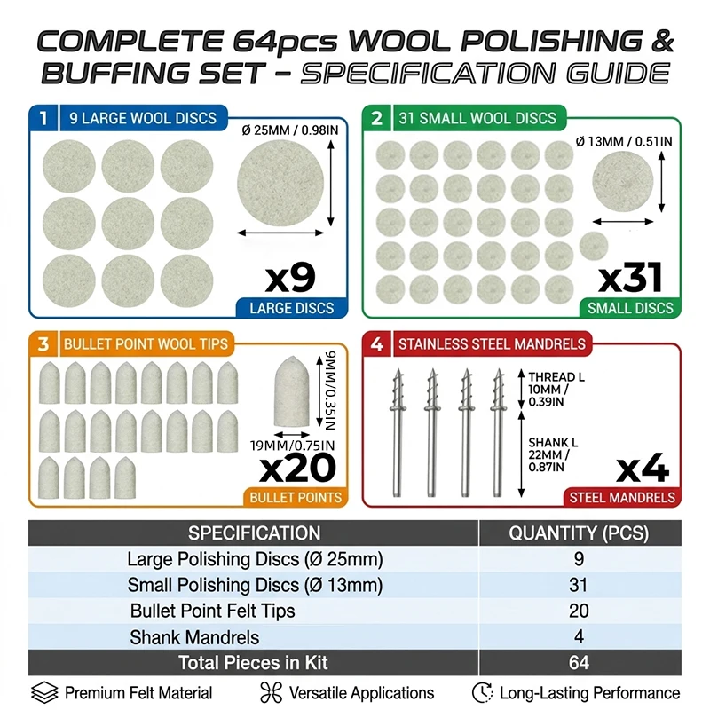64Pcs Wool & Felt Polishing Wheel Pad Set, Rotary Tool Accessories for Fine Jewelry, Metal Buffing & Precision Surface Polishing