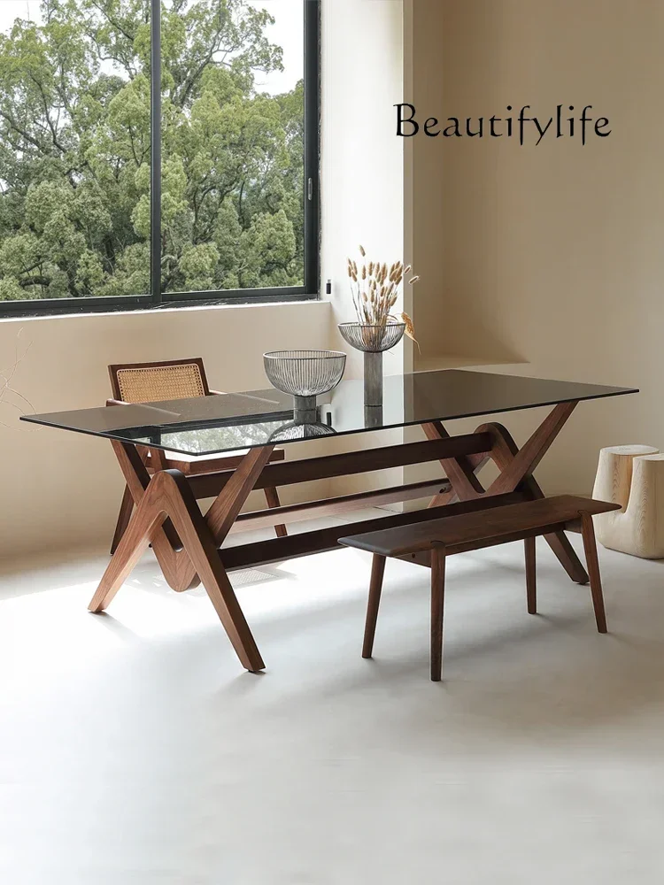 

Italian Minimalist Rectangular Glass Dining Table North American Black Walnut Solid Wood Dining Table Design