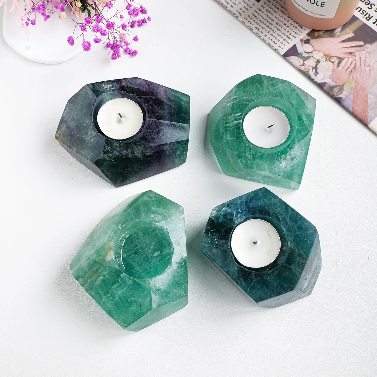 

1pc Natural Crystal Green Fluorite Candle Holder Fashionable Home Decoration Personalized Crystal Crafts Romantic Atmosphere