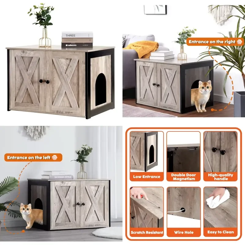 Lndoor Wooden Cat Box Furniture with Hidden Reversible Entrance Left Right Side Greige 27.6 Inches