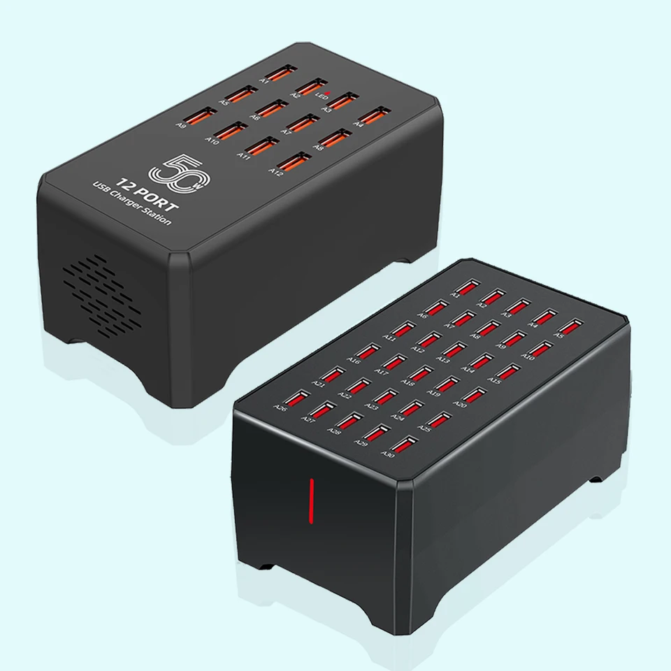 Cargador USB de 12/30 puertos, estación de carga rápida universal de pared y escritorio para teléfonos móviles, adaptador de corriente
