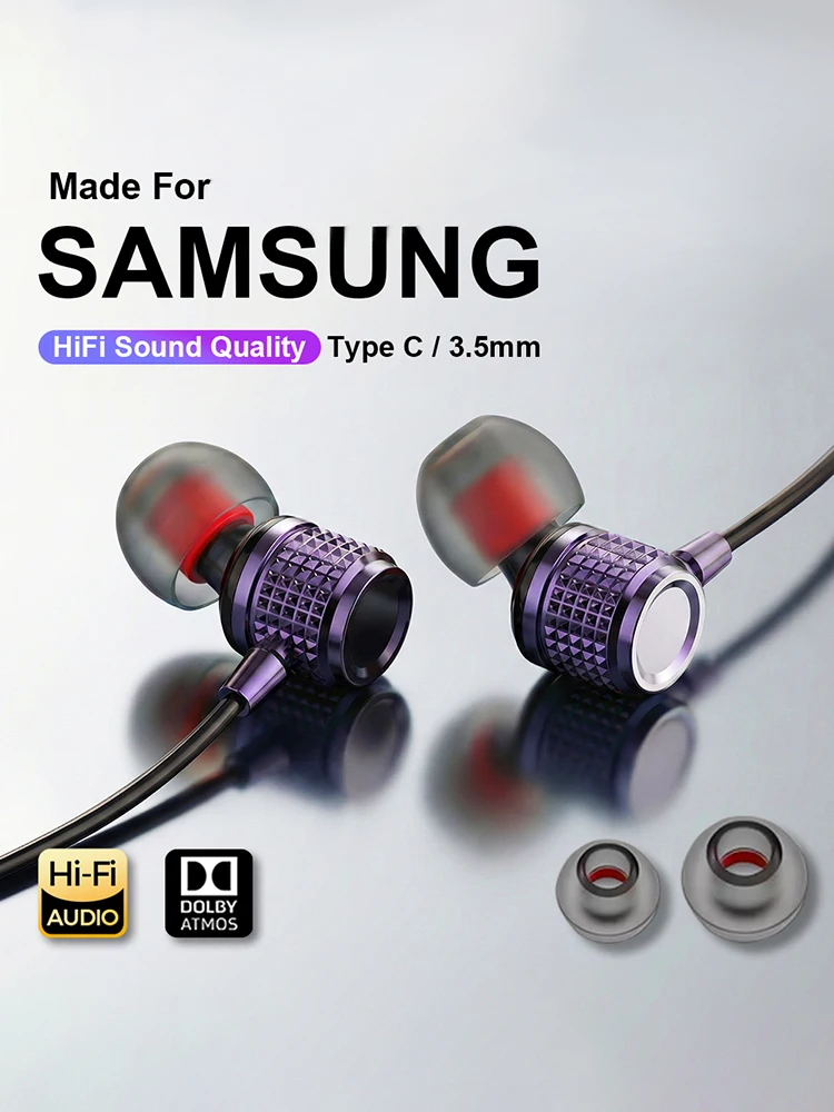 Słuchawki USB Typ C HiFi z mocnym basem, metalowe słuchawki douszne z redukcją szumów, przewodowe słuchawki 3.5MM do Samsung S25 24 Z Fold7 Flip — zdjęcie produktu 7