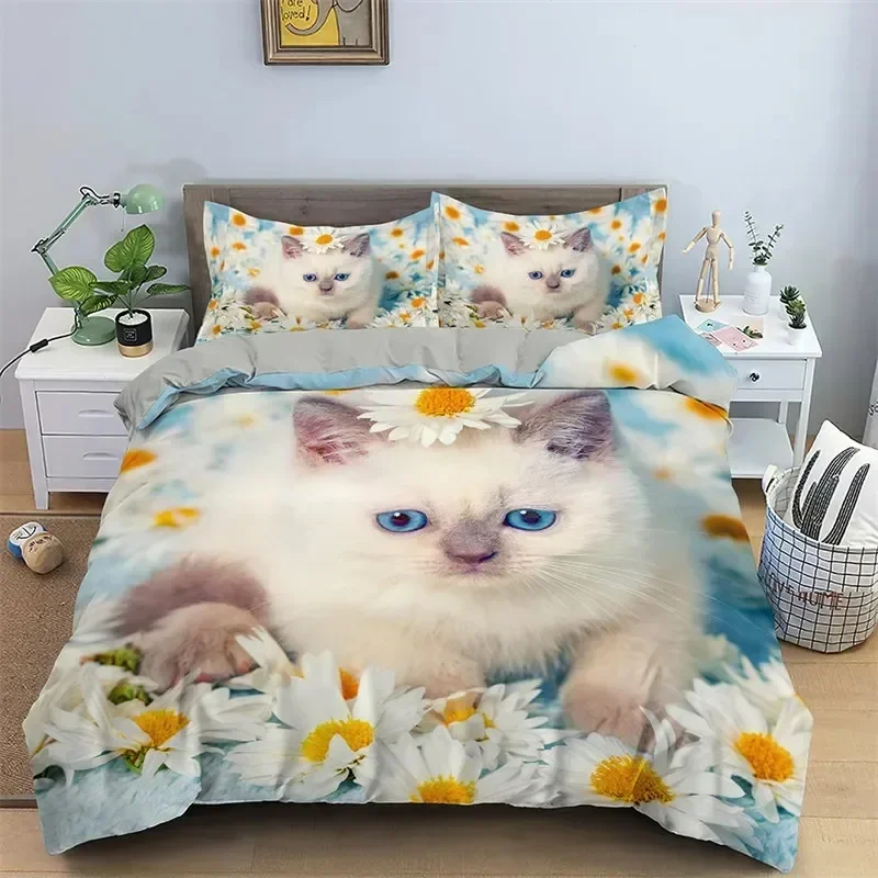 

3D Print Cat Duvet Cover Floral Bedding Set Twin Full For Kids Girls Boys Room Decor Fashion Microfiber Animal Quilt Cover