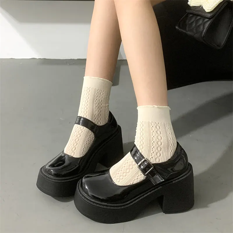 Women Mary Jane Shoes Woman Vintage black High Heel Platform Lolita Shoes Japanese Style College Student JK uniform shoes Beige