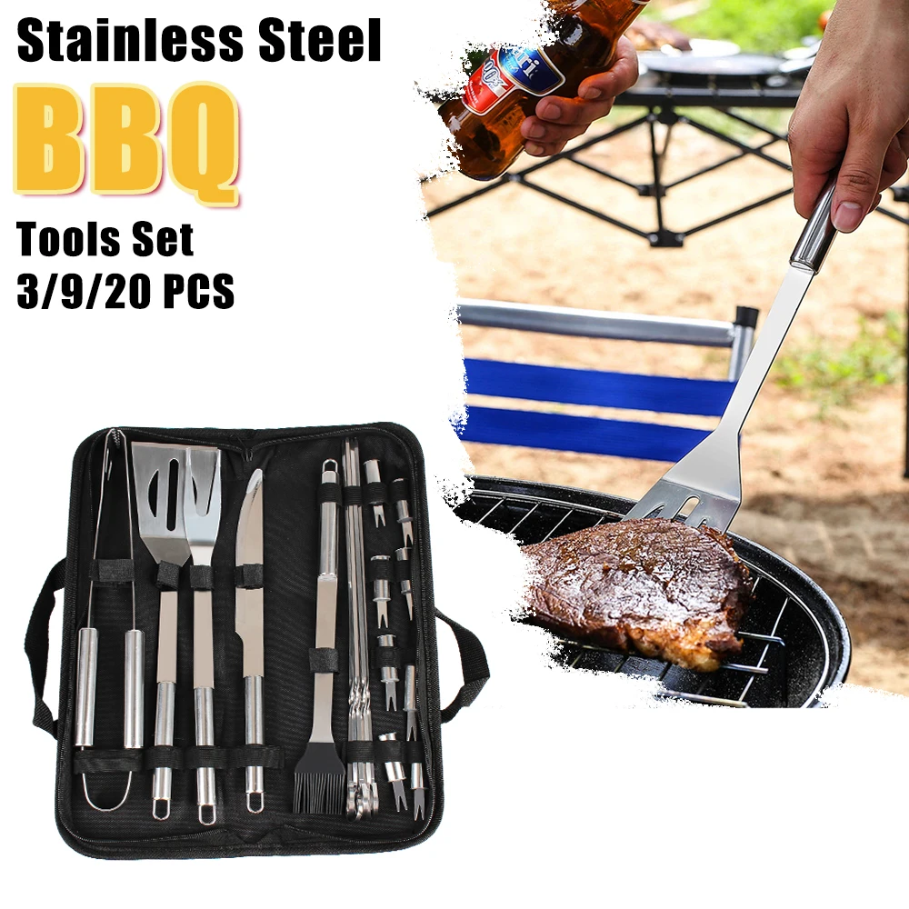 

BBQ Tools Set Spatula Fork Tongs Knife Brush Skewers For Camping Outdoor Barbecue Utensil Stainless Steel 3/9/20 PCS