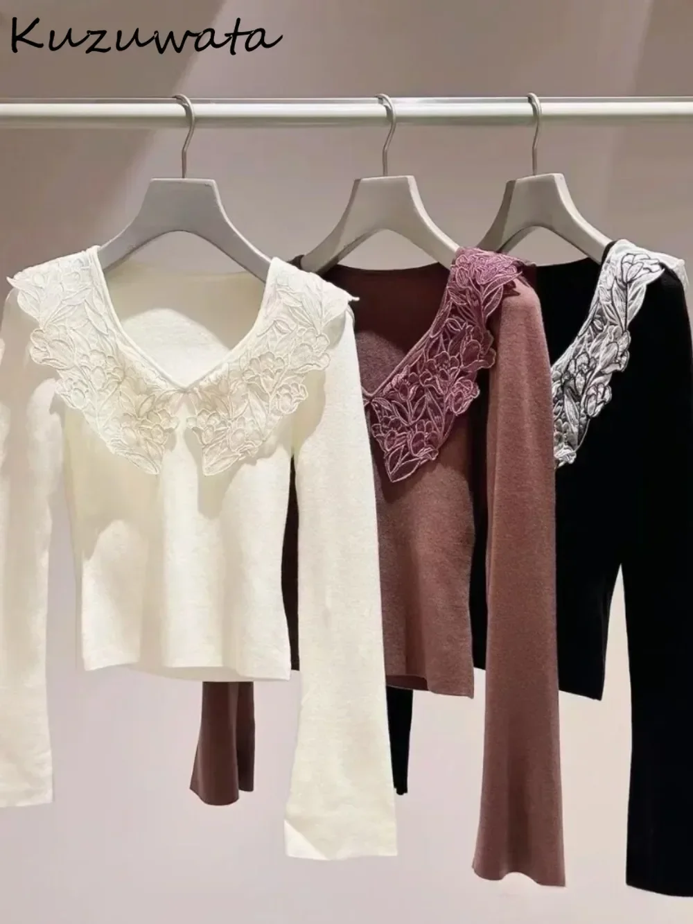 Kuzuwata Early Spring New Lace Patchwork Pullovers V Neck Slim Undershirt All-match Jumper Japan Knitted Lovely Literary Sweater