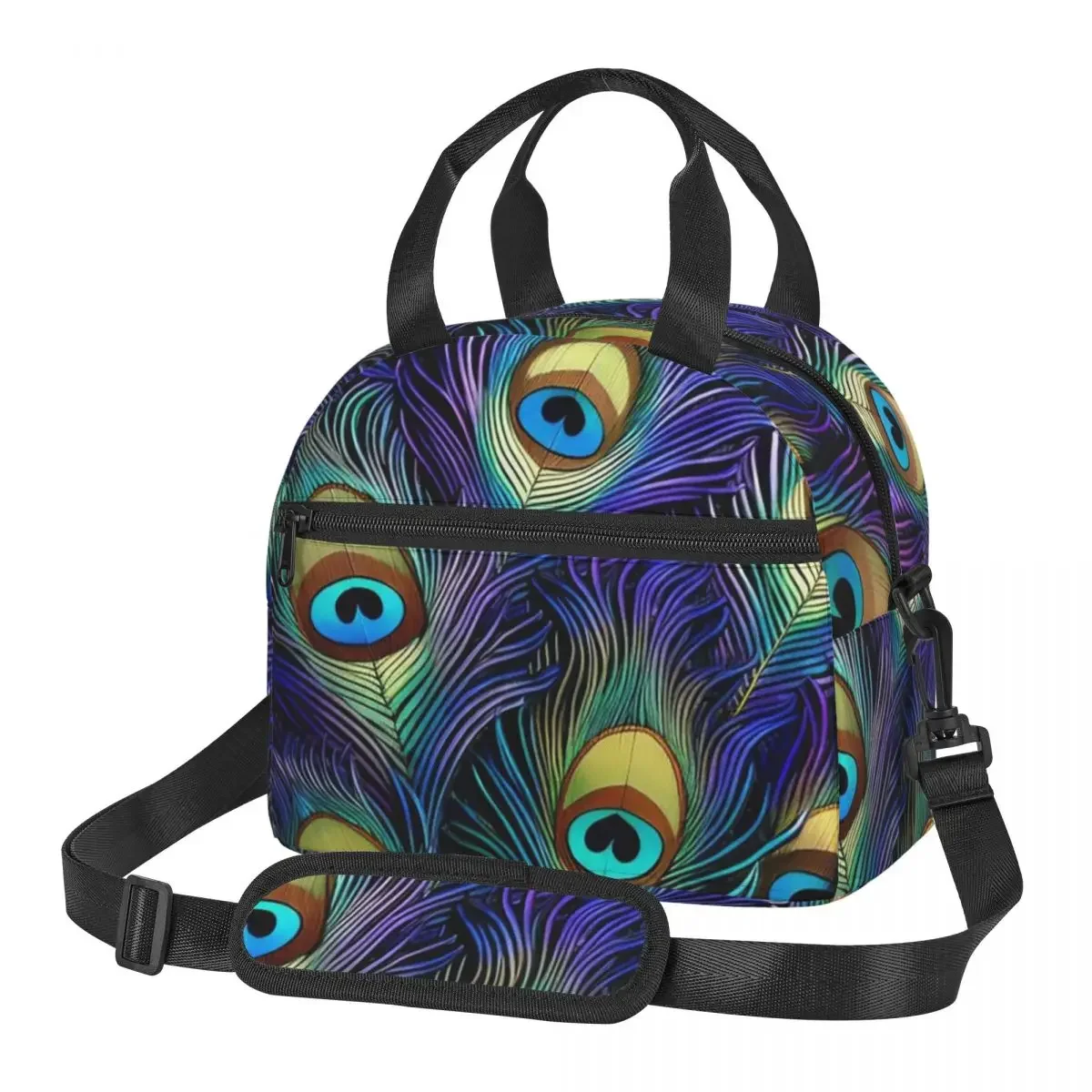 Peacock Feathers, Green Purple Yellow Blue Black Tones Lunch Bags Bento Box Lunch Tote Picnic Bags Cooler Bag for Woman work