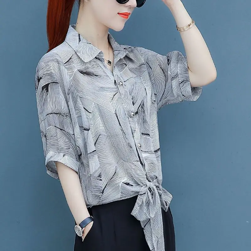 

Floral Chiffon Short Blouse Summer New Short Sleeve Polo Neck Lacing Patchwork Button Shirt Tops Vintage Fashion Women Clothing