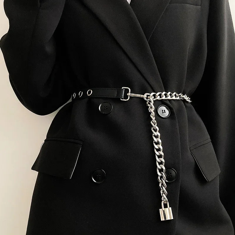 High Quality PU Leather Fashion Ladies Punk Style Chain Thin Belt Suit Dress Decoration Belts for Women Luxury Designer Brand