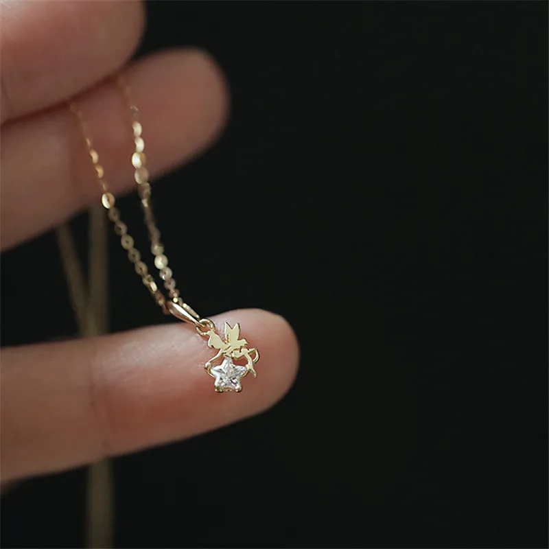 Playful Cute Shiny Star Zircon Elf Necklace for Women Korean 925 Sterling Silver 14k Gold Plated Clavicle Chain Jewelry
