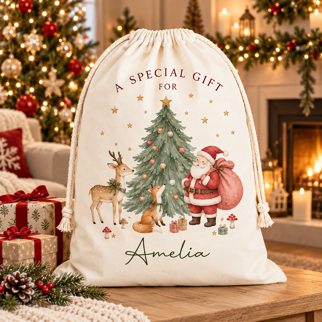 Personalized Christmas Gift Drawstring Bag Custom Name Santa Deer Fox Sack Large Canvas Christmas Present Storage Pouch Gift Bag