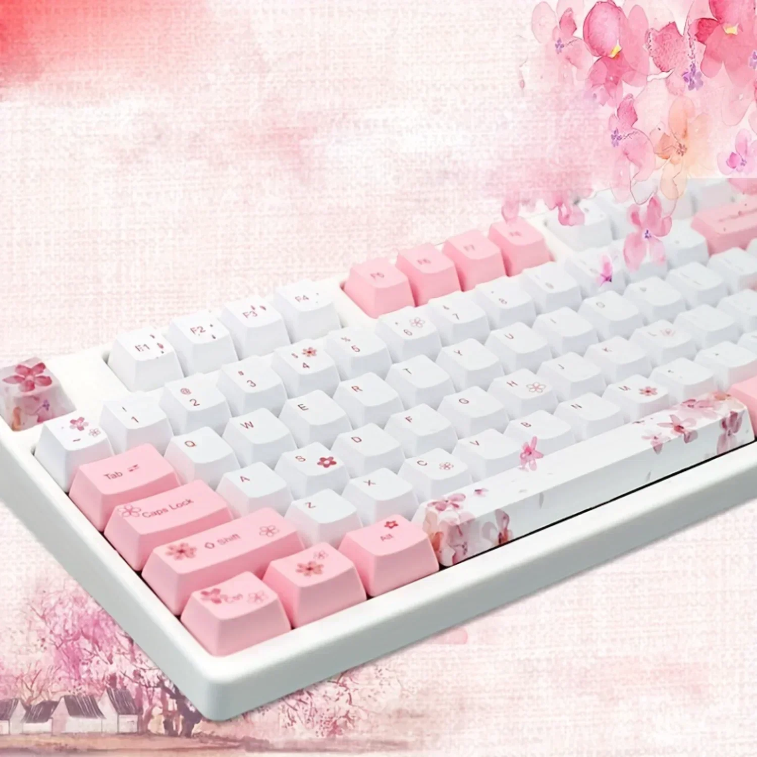 GEFENSI 113Keys/Set Pink Kawaii Cute Keycaps, Cherry Profile Keycaps PBT Sublimated Mechanical Keyboard Cap Accessories Cross Sh