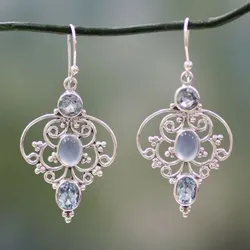 Silver Plated Dangle Earrings with Retro Hollow Flower Design and Waterish Gemstone Inlay - Perfect for Daily Wear and Party Dec