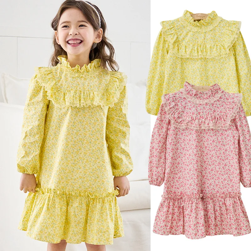 

Girls Dress 2025 Spring And Summer New Pink Printing Fashion Korean Princess Dress Cotton Ruffle Long Dress Children's Clothing