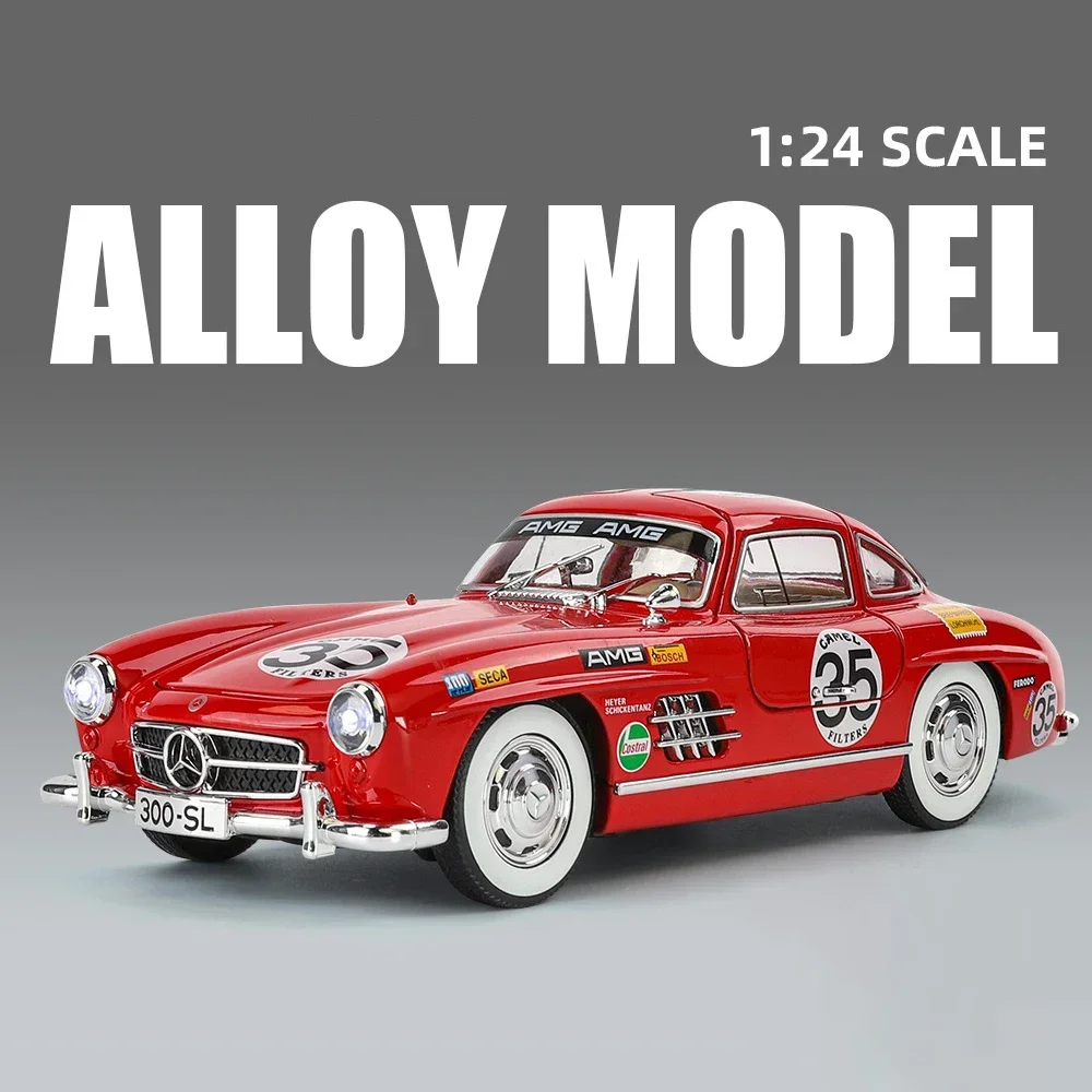 Mercedes-Benz 300SL Modificado Alloy Car Model, 1:24, Som e Luz, Pull Back, Brinquedo Infantil, Collectibles, Presente de Aniversário