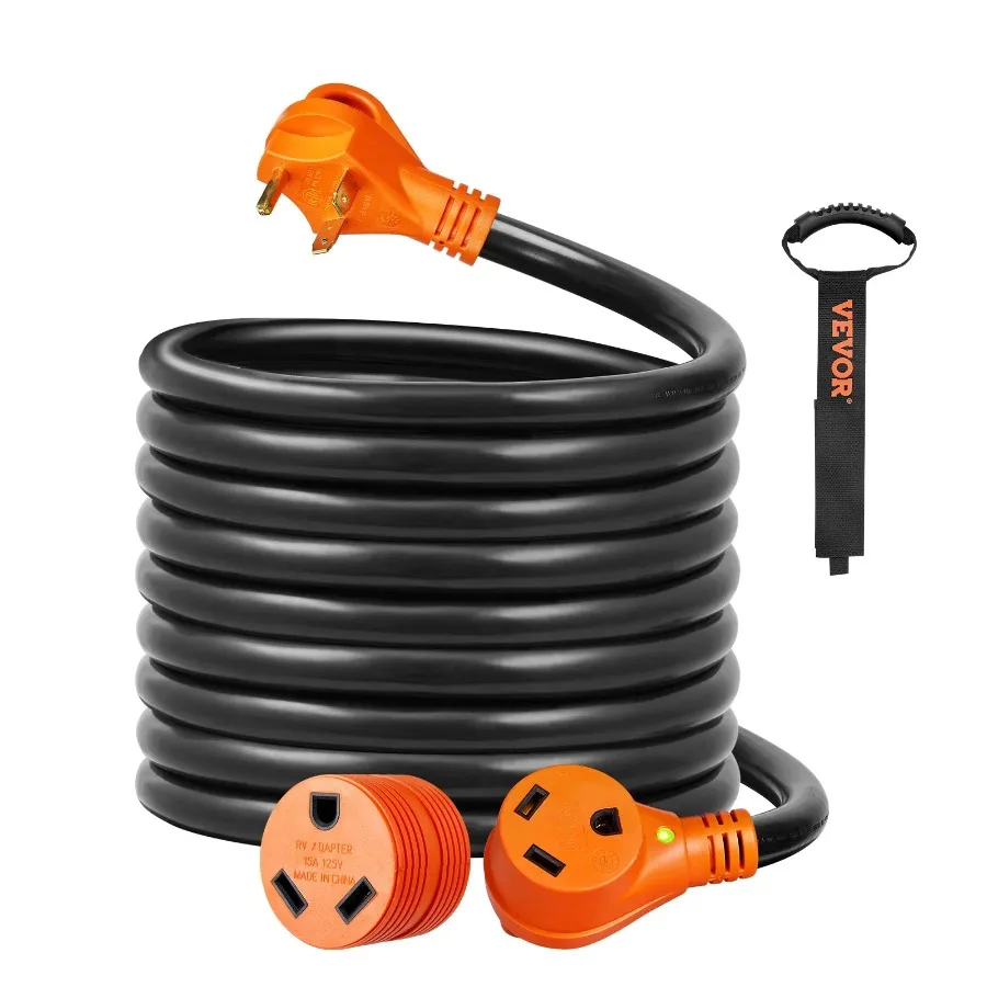 

25 ft RV Extension Cord 30 Amp Heavy Duty STW RV Power Cord NEMA TT30R Female NEMA TT30P Male Plug with LED Indicator Handle 1