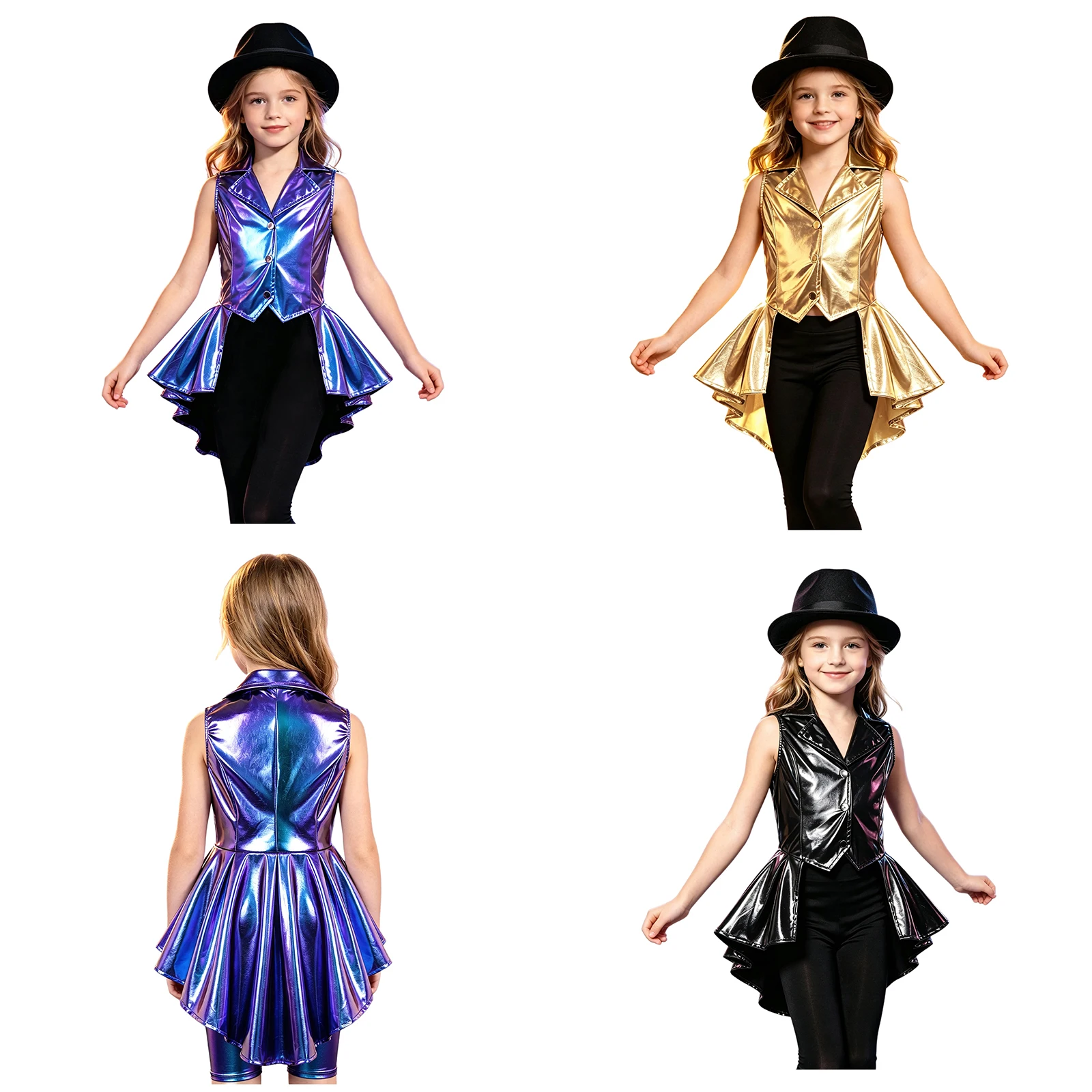 Kids Boys Girls Fashion Metallic Waistcoat Sleeveless Press Button Jacket Asymmetric Ruffled Peplum Top for Stage Performances