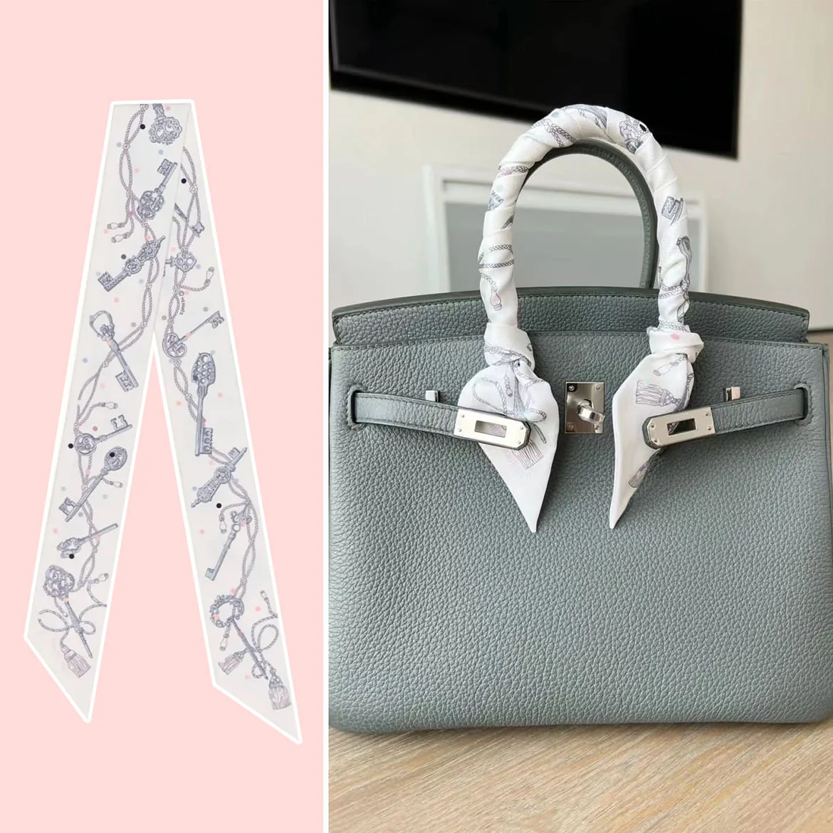5 * 90 cm Französisch Neue Vielseitige Schlüssel Fransen Kette frauen Twill Streamer Verpackung Tasche Griff Band Seidenschal Großhandel