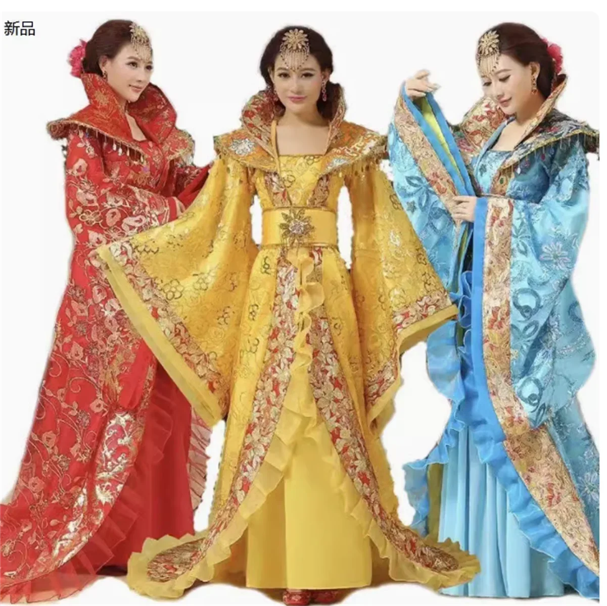 

Ancient Chinese Palace Oriental Queen Dress Hanfu Women Gold Tang Stage Include Headwear