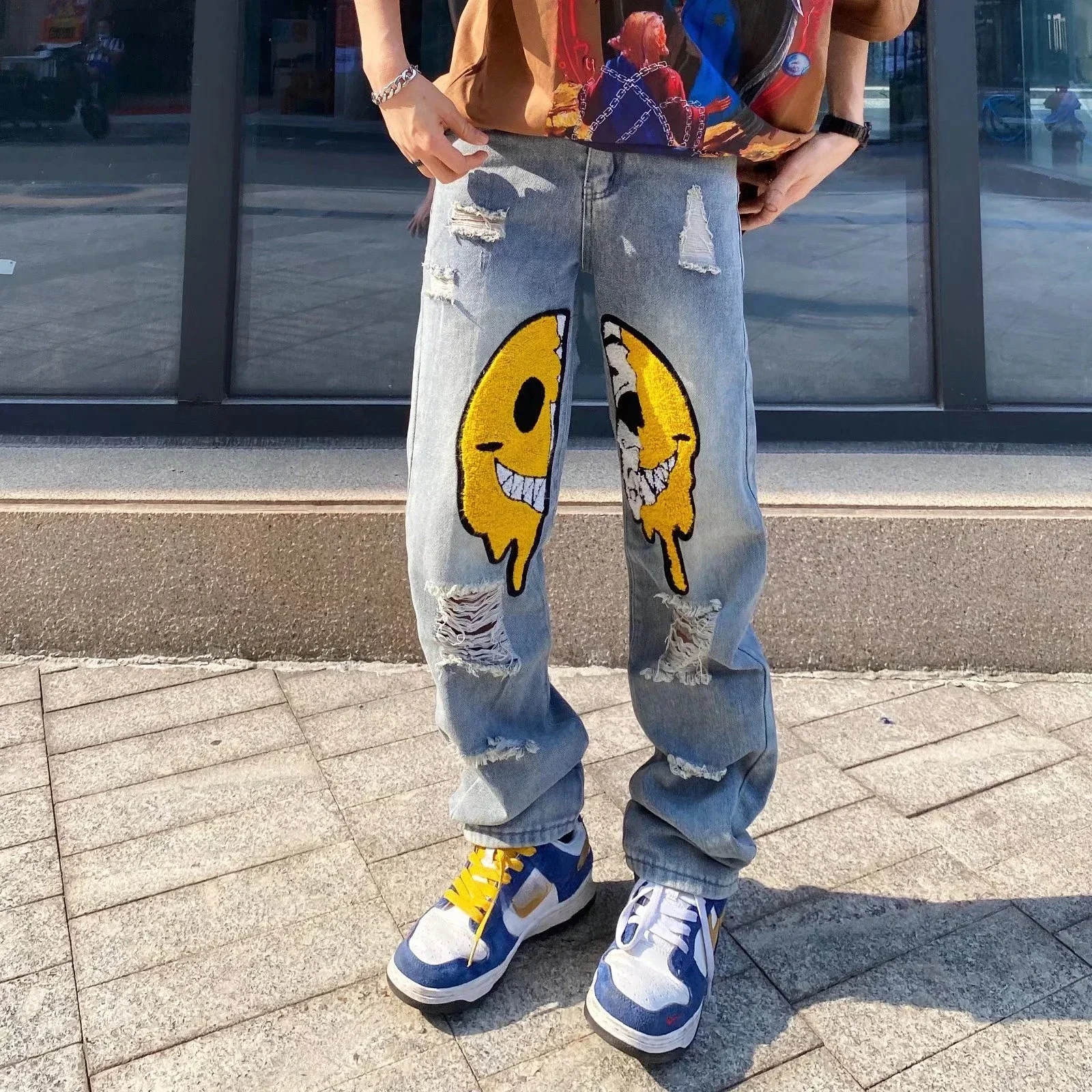 

LIBIELIY Four Seasons Men's Smile Printed Loose Wide Leg Vintage Retro Blue Jeans Pants Casual Trendy Hole Deninm Trousers Str